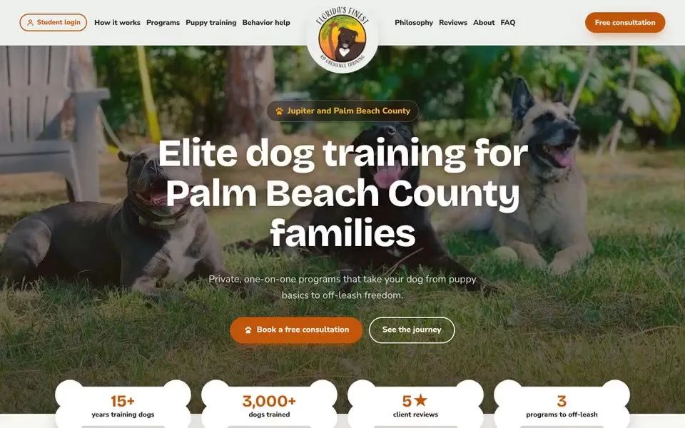 Florida&rsquo;s Finest K9 website homepage, a dog training company in Jupiter and Palm Beach County
