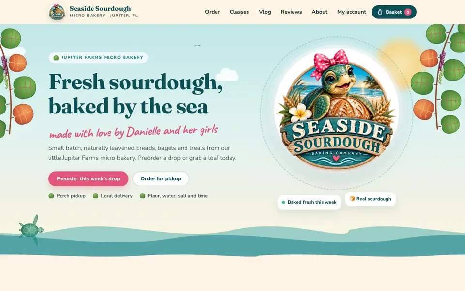 Seaside Sourdough website homepage, a micro bakery in Jupiter Farms