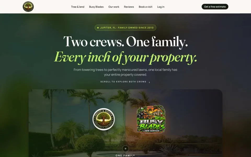 Shoots & Roots and Busy Blades website homepage, two family tree and lawn businesses in Jupiter