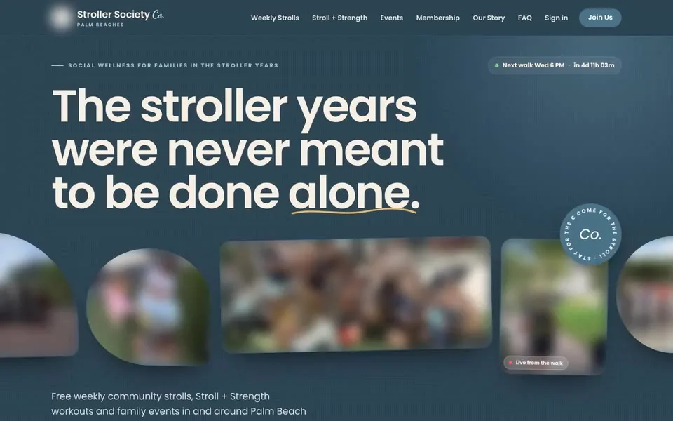 Stroller Society Co. website homepage, a family walking community in Palm Beach Gardens, with the family photos blurred