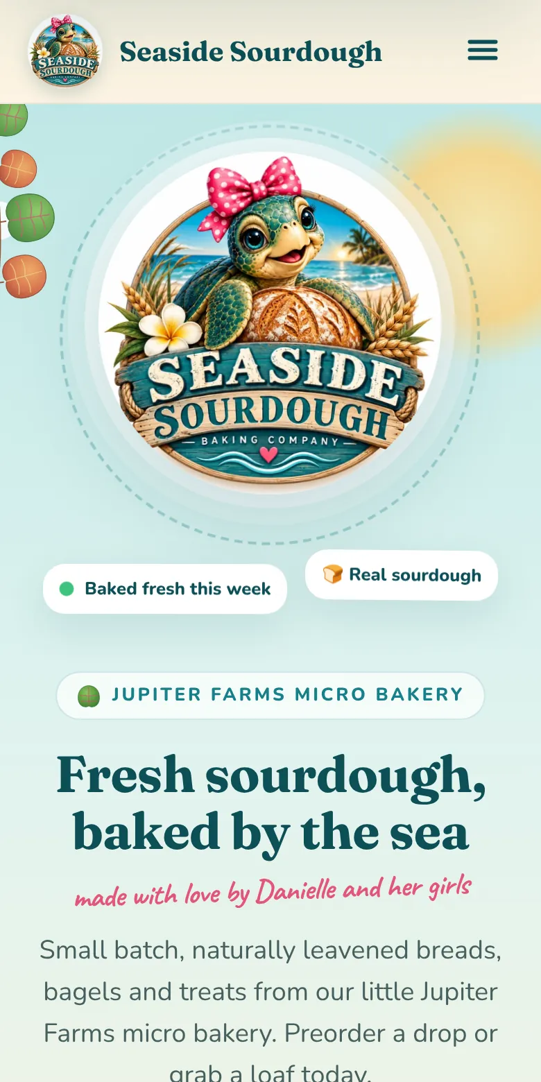Seaside Sourdough website preview on a phone