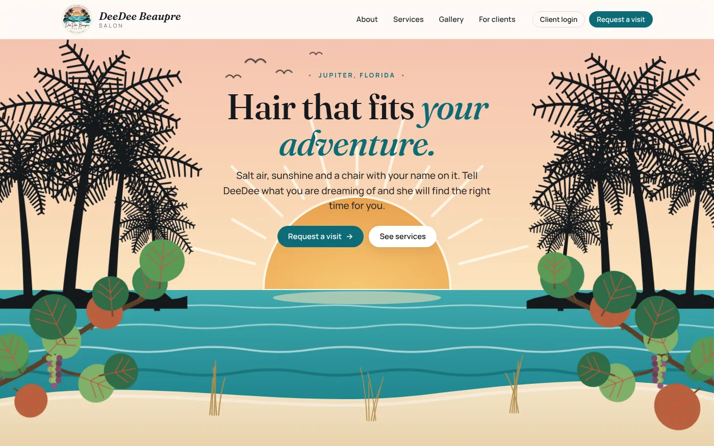 DeeDee Beaupre Salon website homepage: a hand-drawn Jupiter beach scene, built by Sea Grape Labs