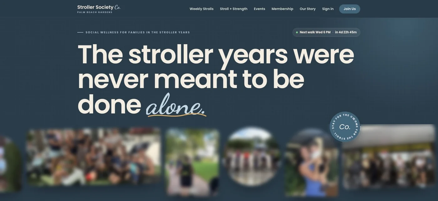 Stroller Society Co. website homepage, with the family photos blurred