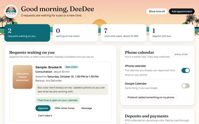 DeeDee Beaupre Salon owner admin with visit requests and calendar, shown with sample clients