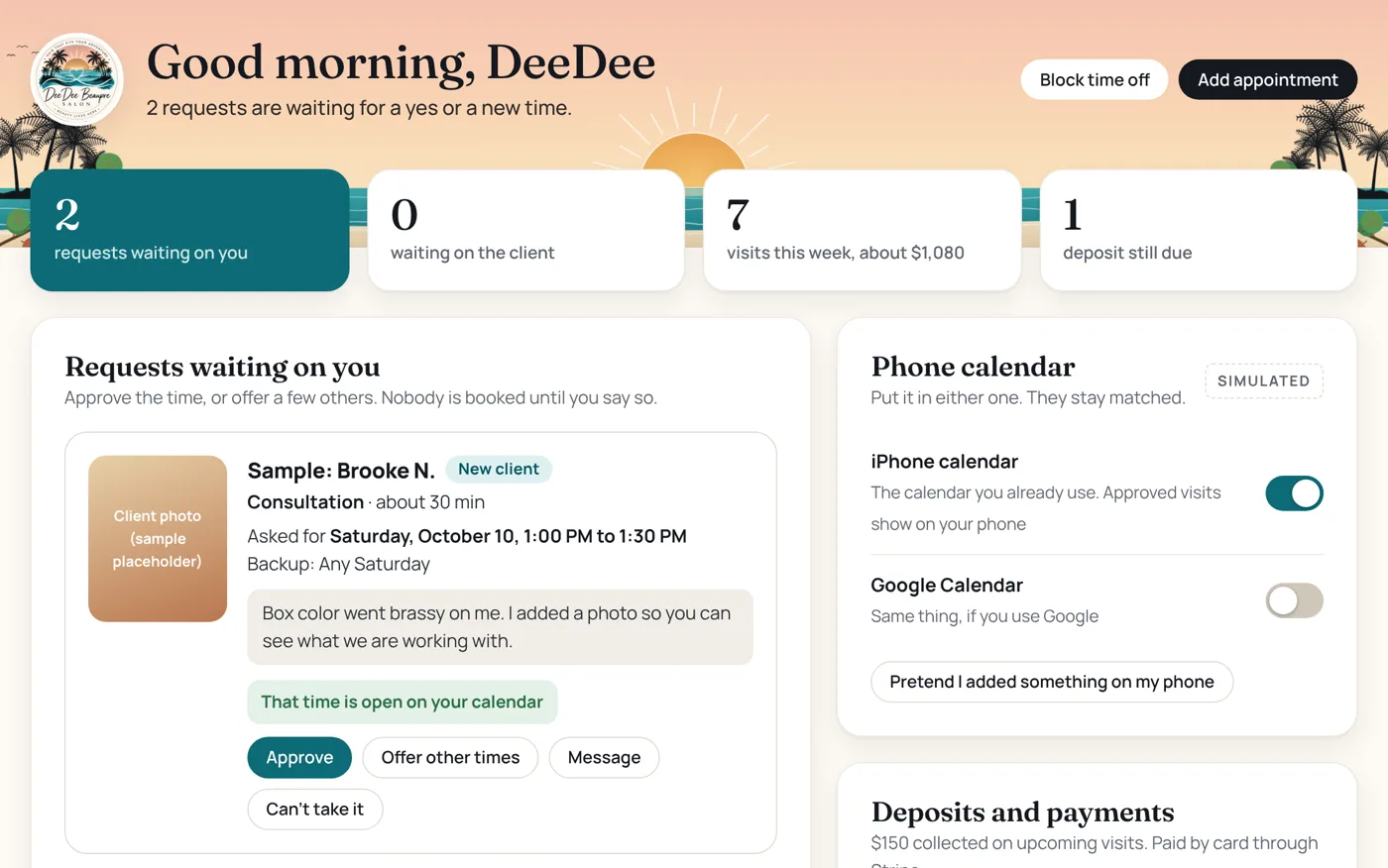DeeDee Beaupre Salon owner admin: visit requests waiting for approval, her phone calendar and this week's visits, shown with sample clients