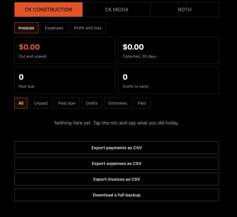 Invoice and expense dashboard for a contractor
