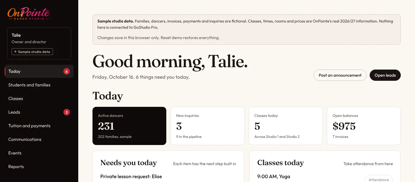 OnPointe concept studio dashboard with today's classes, leads and tuition panels, filled with sample data