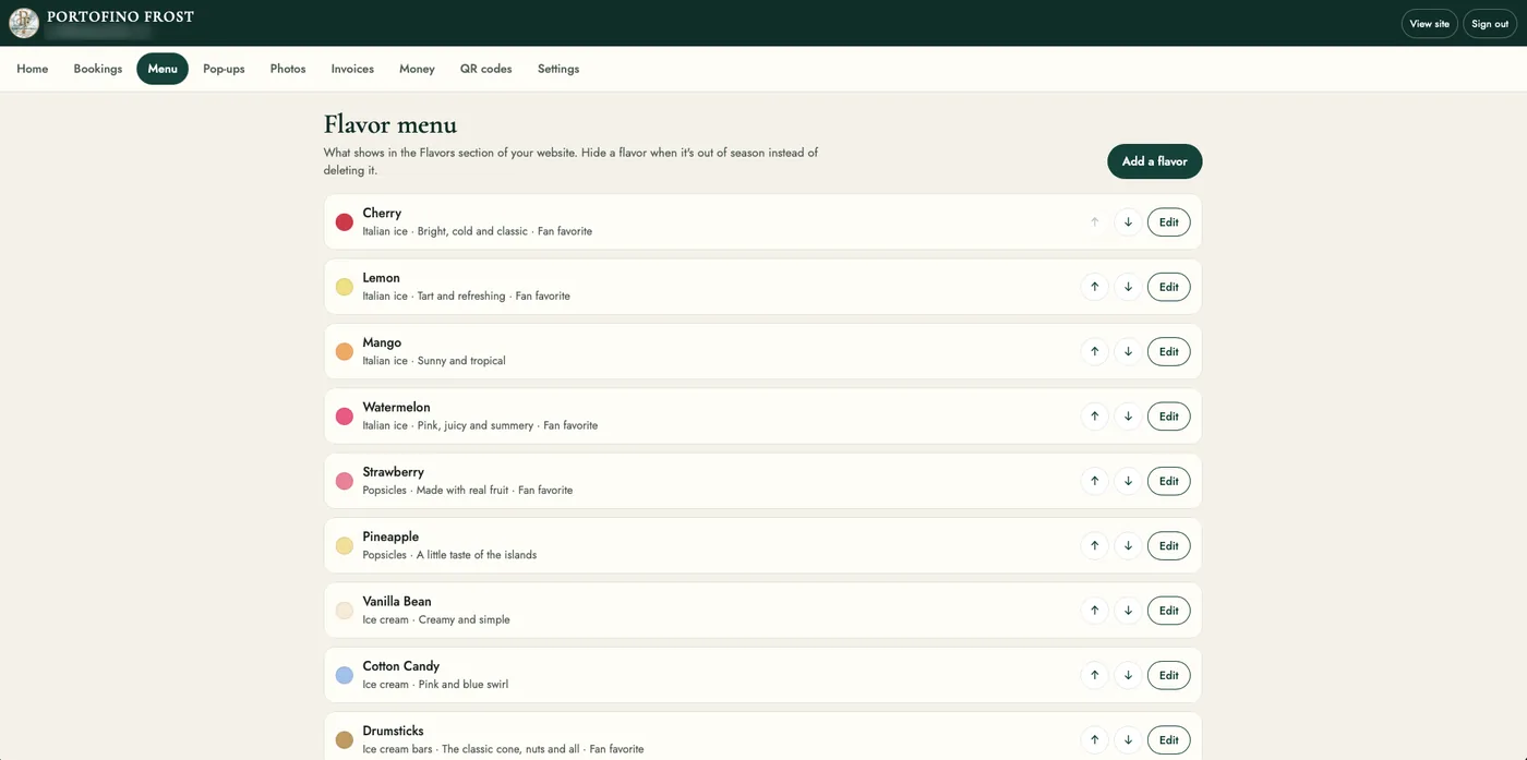 Portofino Frost admin flavor menu with Italian ice, popsicles, ice cream and ice cream bars