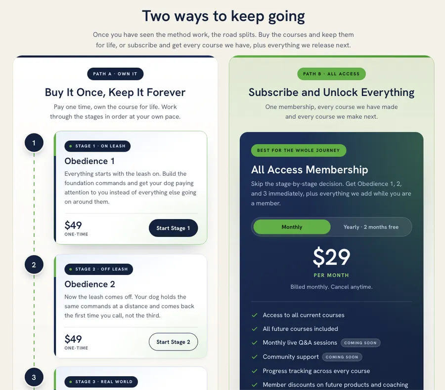 Course checkout with one-time and membership options