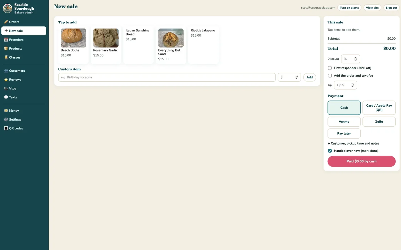 Seaside Sourdough bakery admin counter checkout