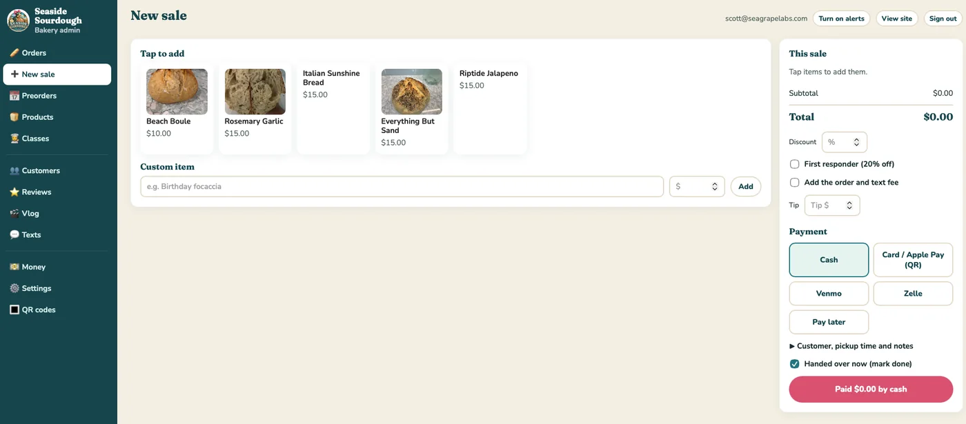 Seaside Sourdough counter checkout for in-person sales