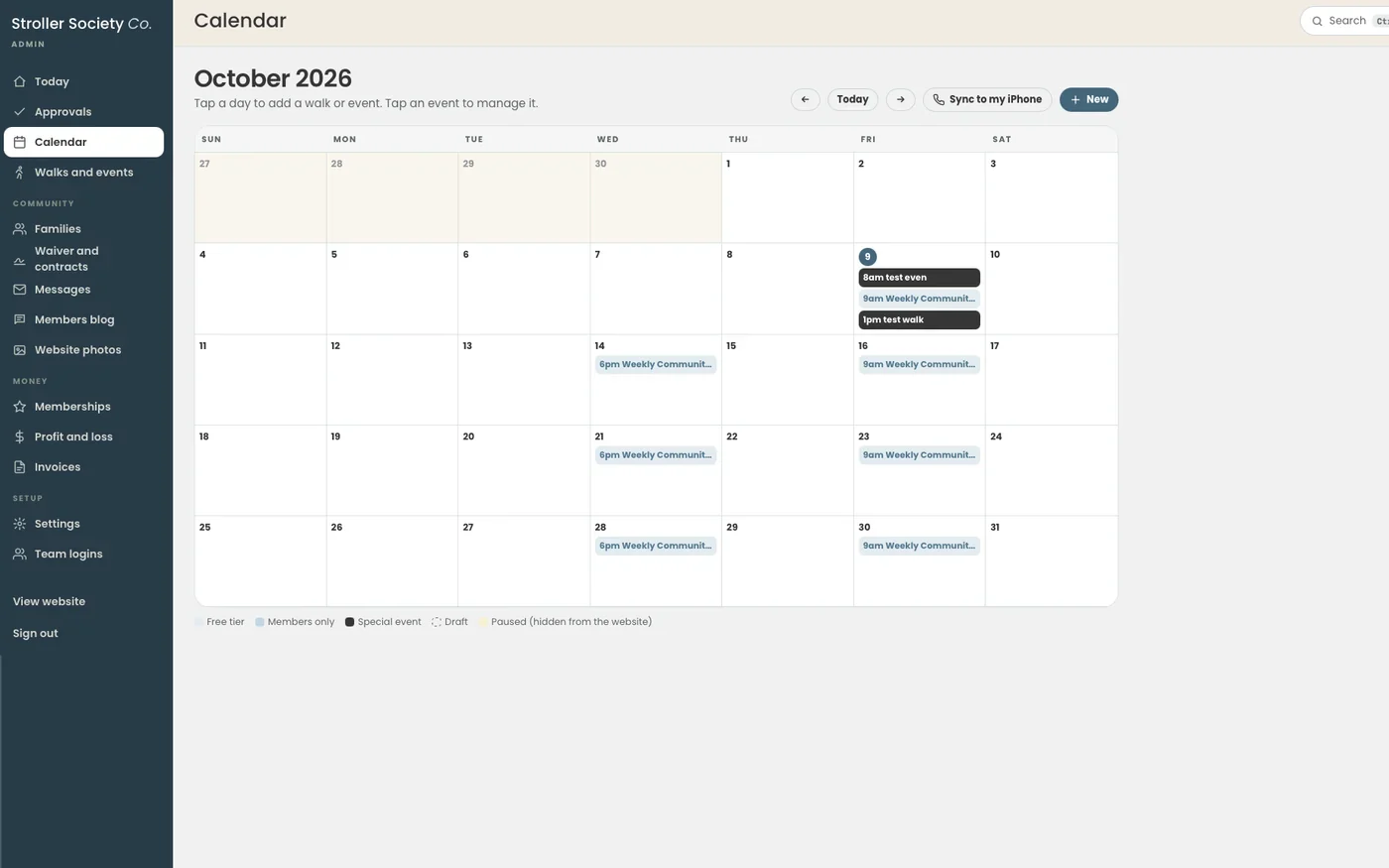Stroller Society Co. admin calendar, shown in test mode
