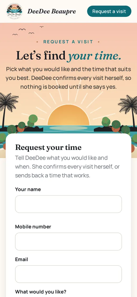 DeeDee Beaupre Salon visit request form on a phone