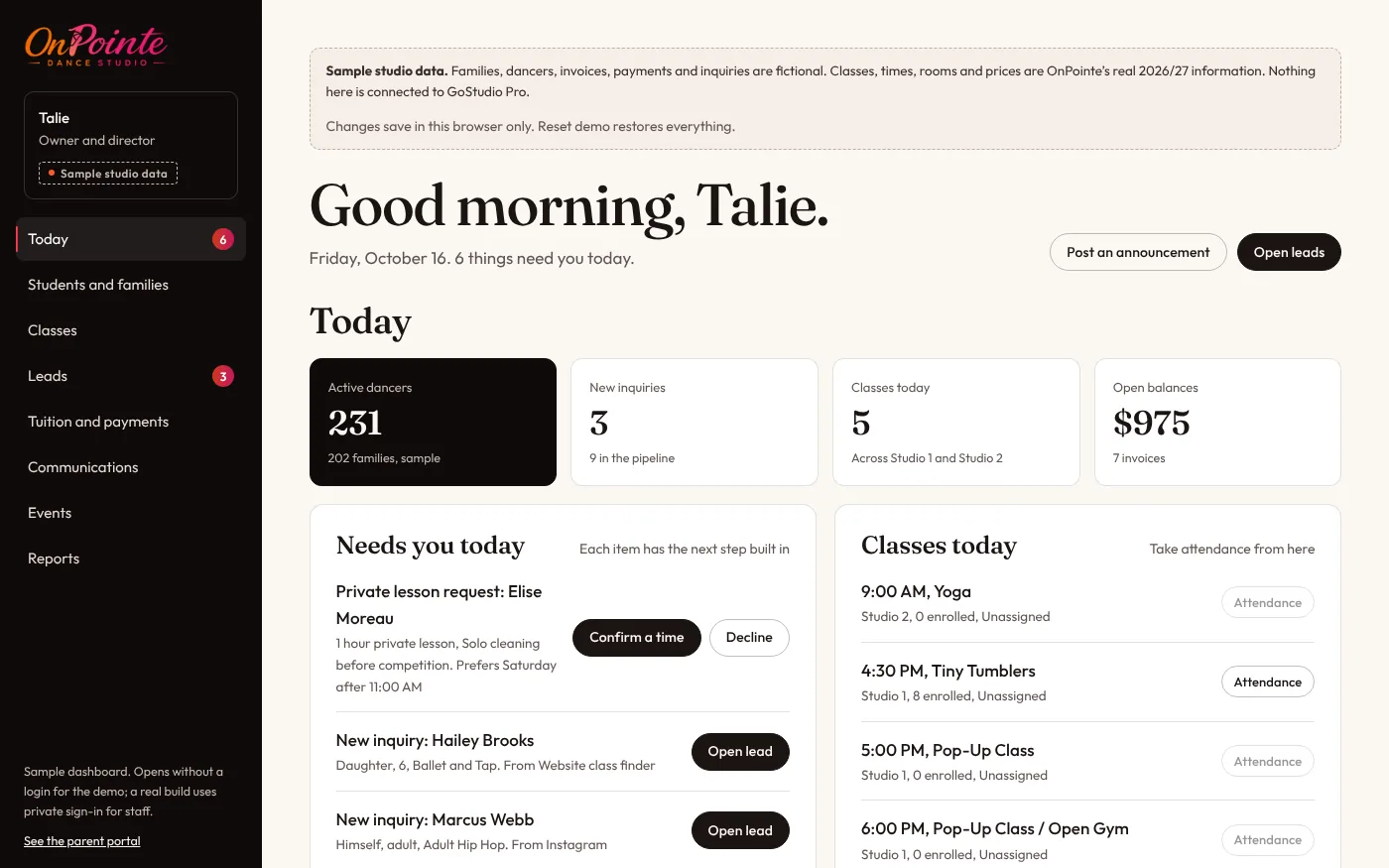 OnPointe concept studio dashboard Today view with sample studio data