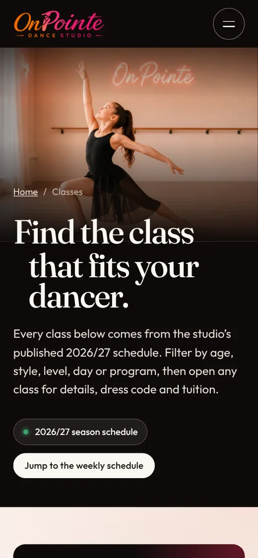 OnPointe concept class finder on a phone