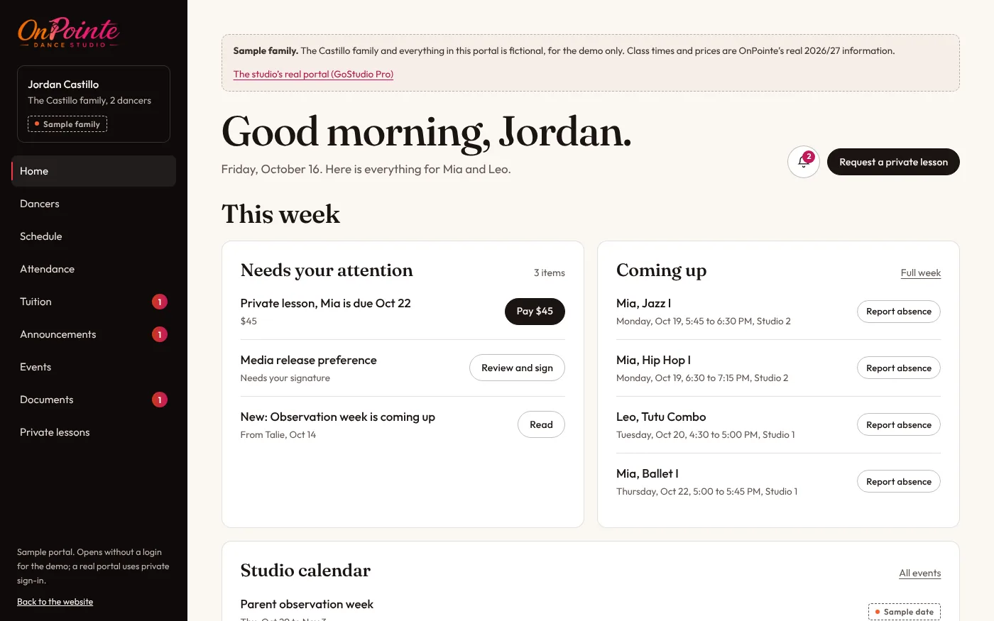 OnPointe concept parent portal for a sample family