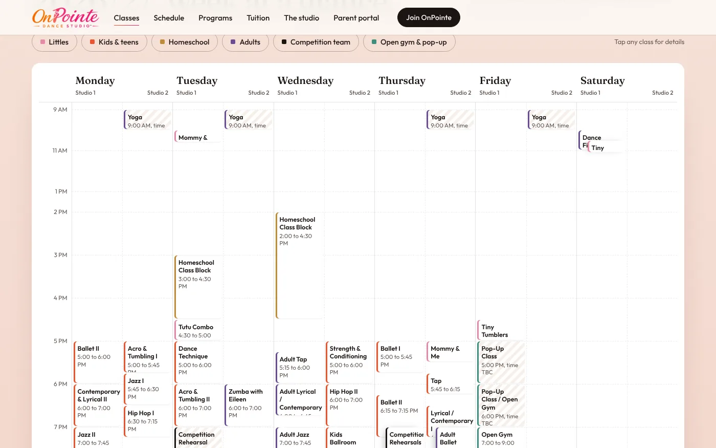 OnPointe concept weekly schedule with both studios side by side