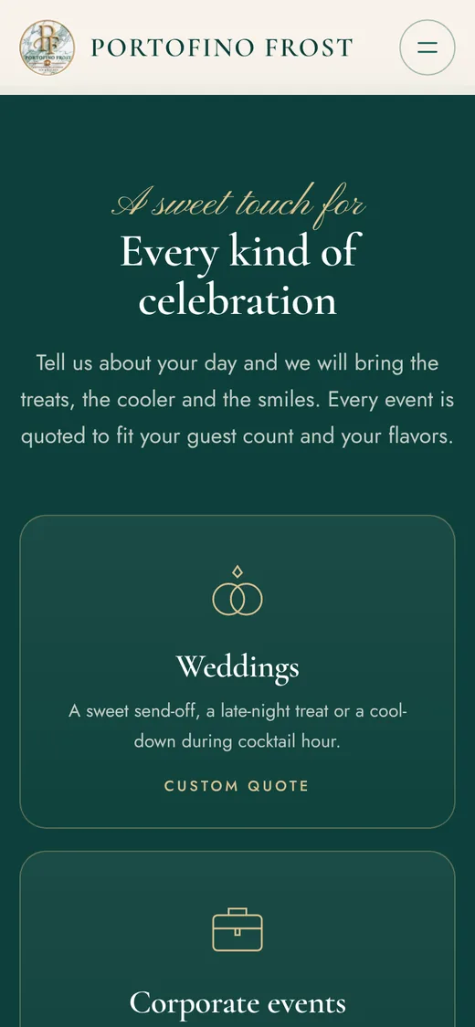 Portofino Frost event types for weddings and corporate events on a phone
