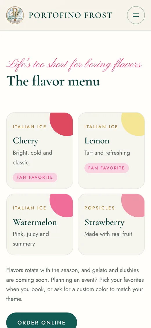 Portofino Frost flavor menu on a phone