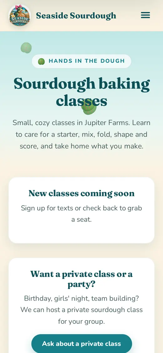 Seaside Sourdough baking classes page on a phone