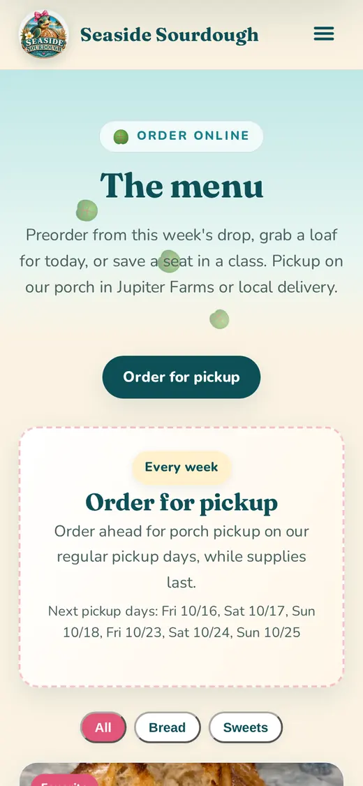 Seaside Sourdough online menu with weekly pickup days, on a phone