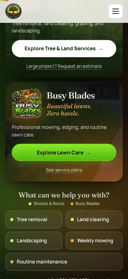 Busy Blades and Shoots & Roots service cards on a phone