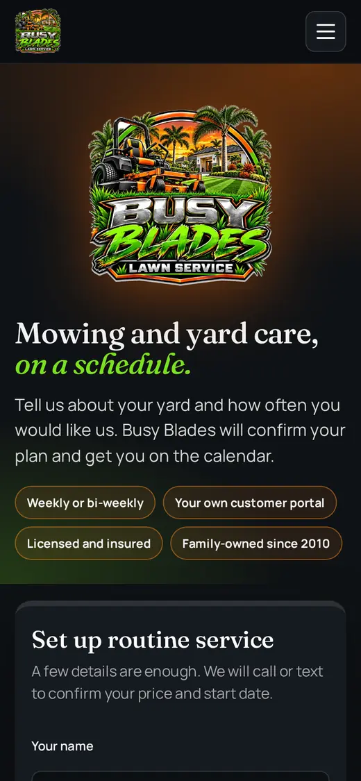 Busy Blades routine lawn service signup on a phone