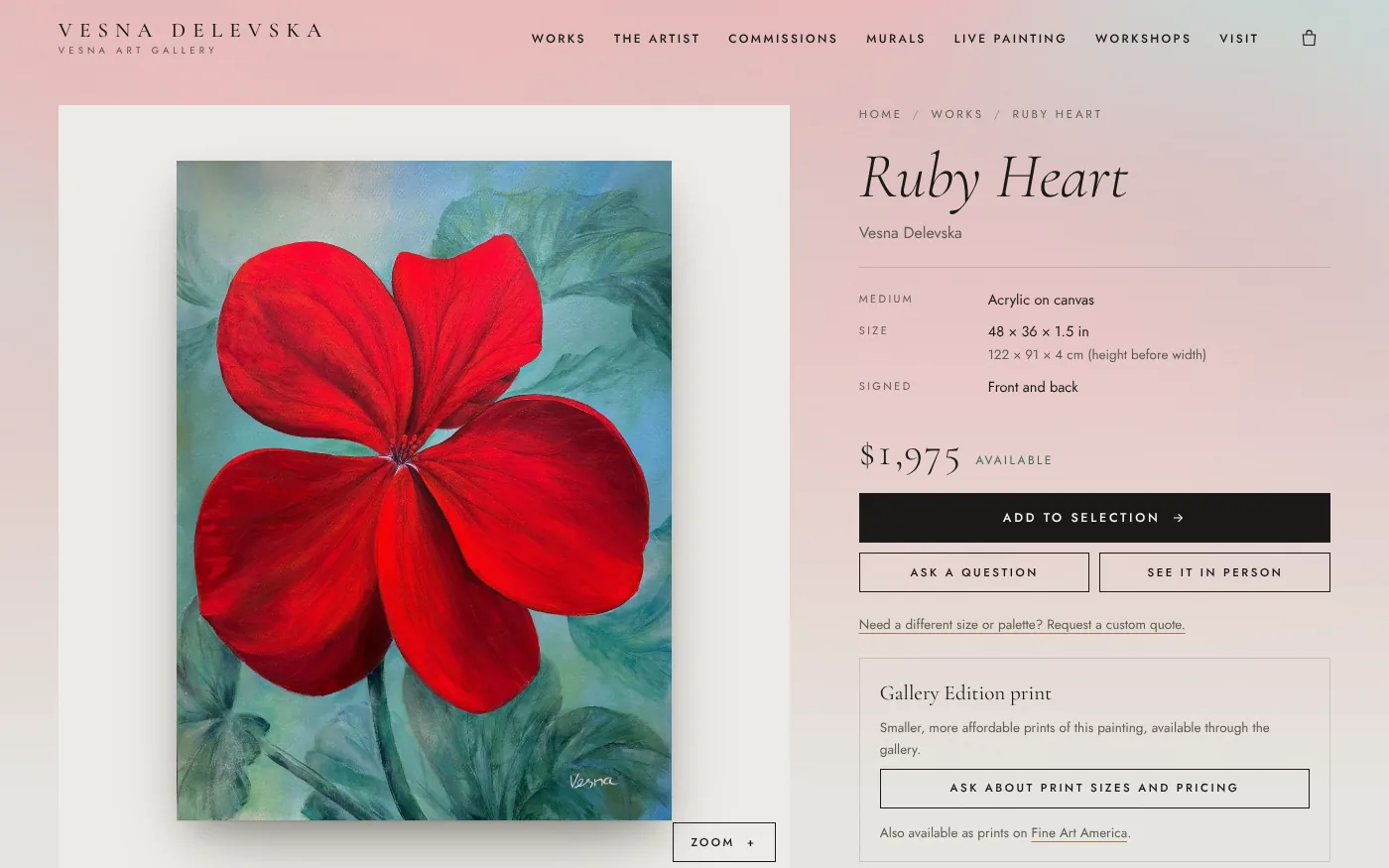 Catalog page for the painting Ruby Heart with price and print options