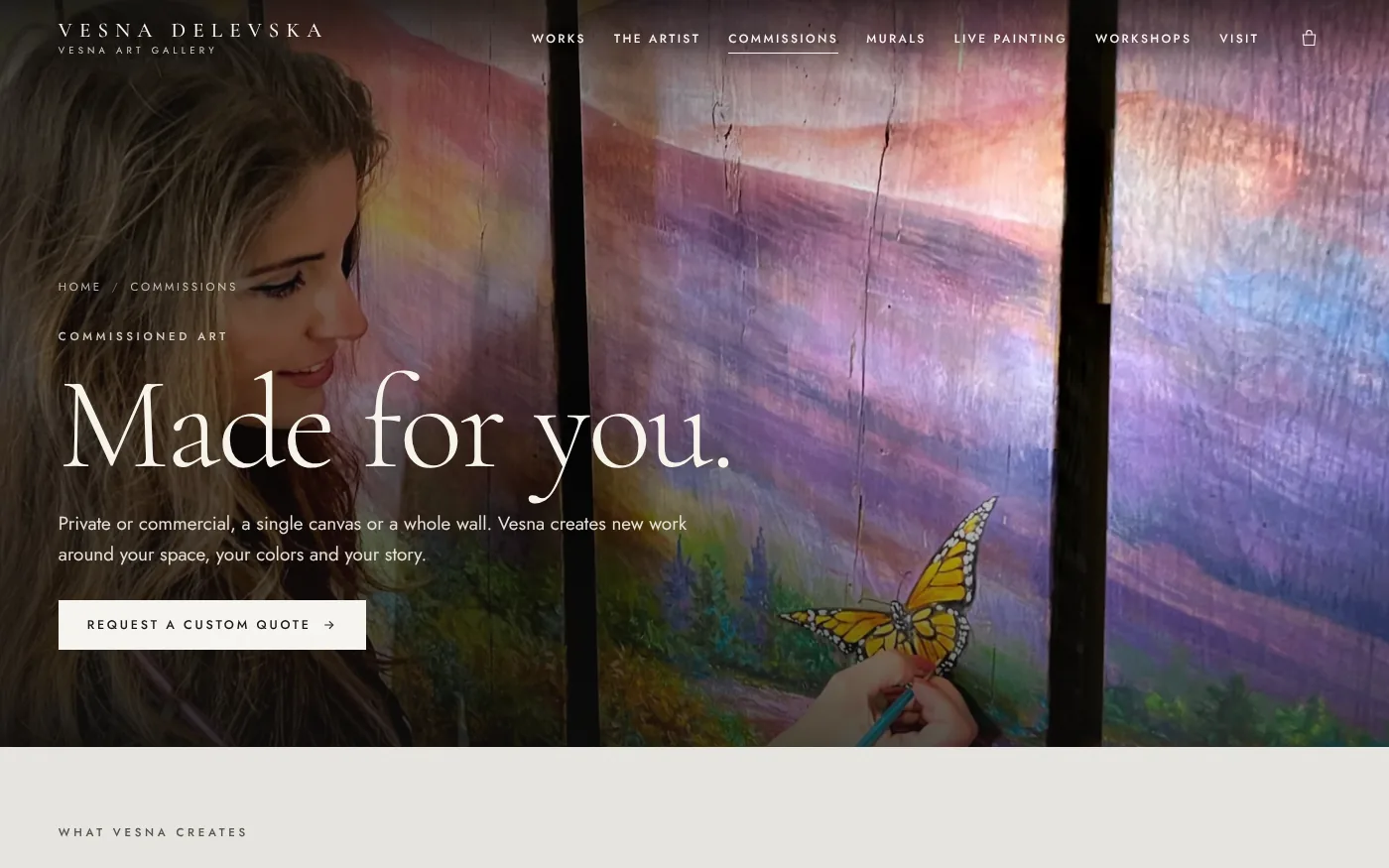 Commissions page with the heading Made for you and a custom quote button