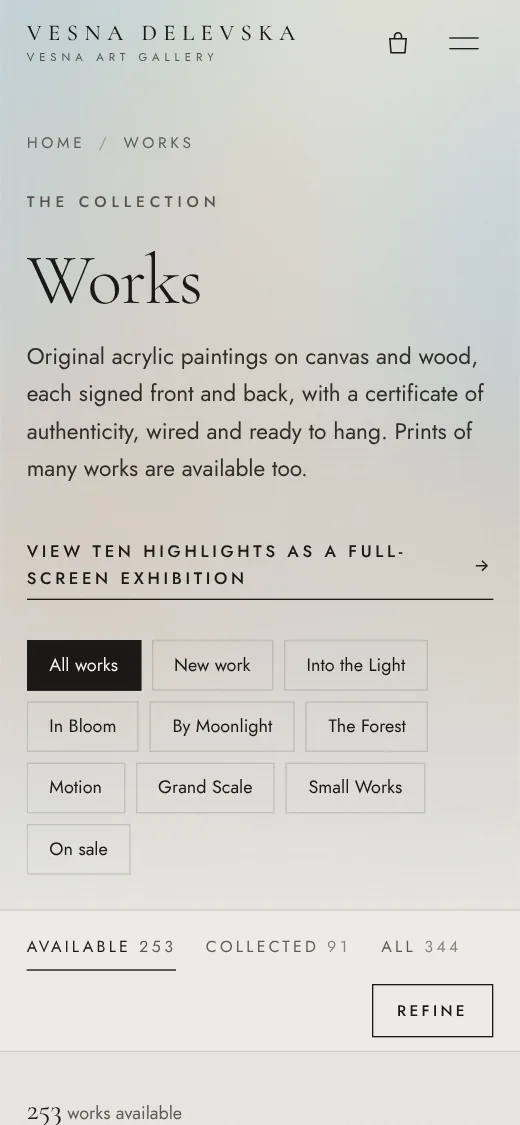Vesna Art Gallery concept collection page on a phone