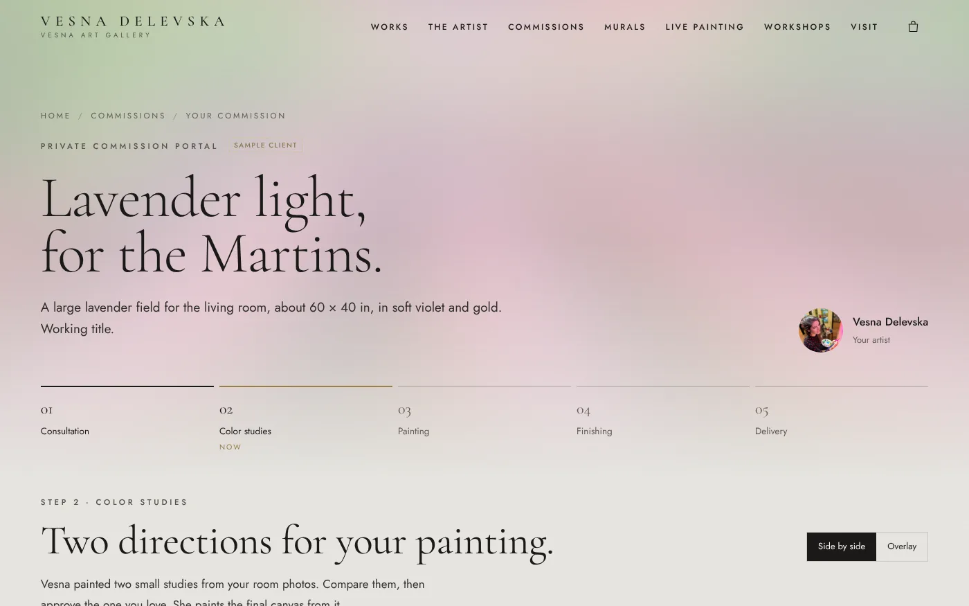 Collector portal for a sample commission with progress steps and color studies